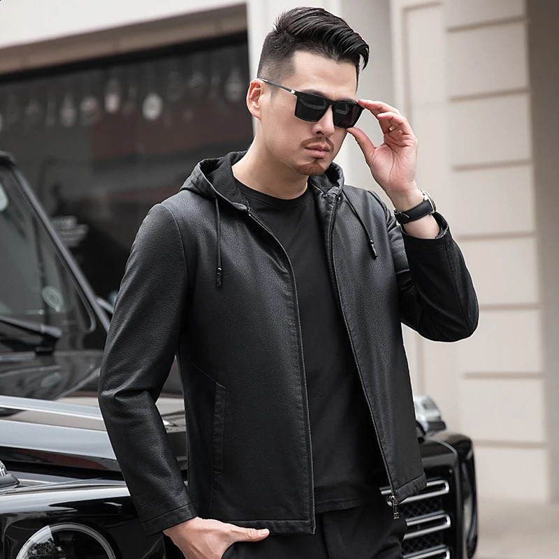 YN2261 Spring And Autumn Thin Mens Youth Leather Jacket Plus Velvet Hooded Casual Wear Fashion Available In Thickness 241227
