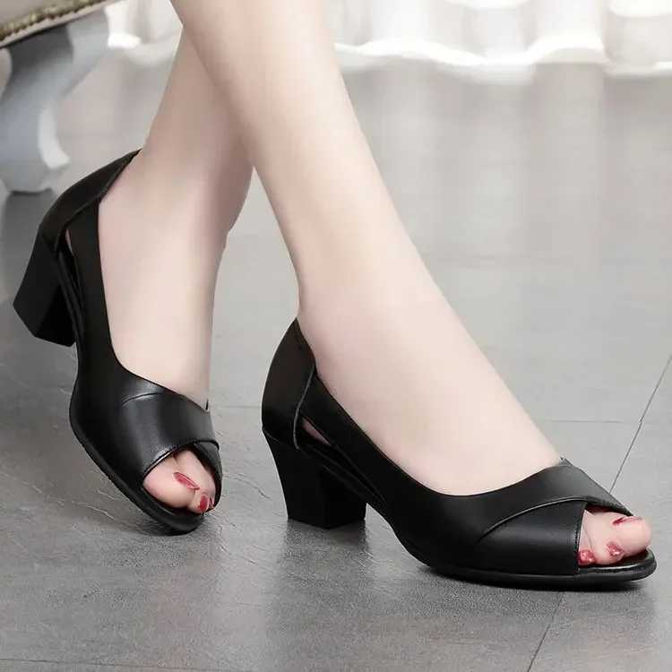 High Quality Leather Women Shoes Comfortable Ladies Mid Heel Sandals Hollow Peep Toe Square Heel Sandals Woman Footwear T241227