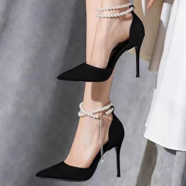 2024 Summer New Bridesmaid Pearl Bow Black Thin Heel High Heel Shoes Elegant High Heel Pointed Wens Single Shoes wen shoes Z241227