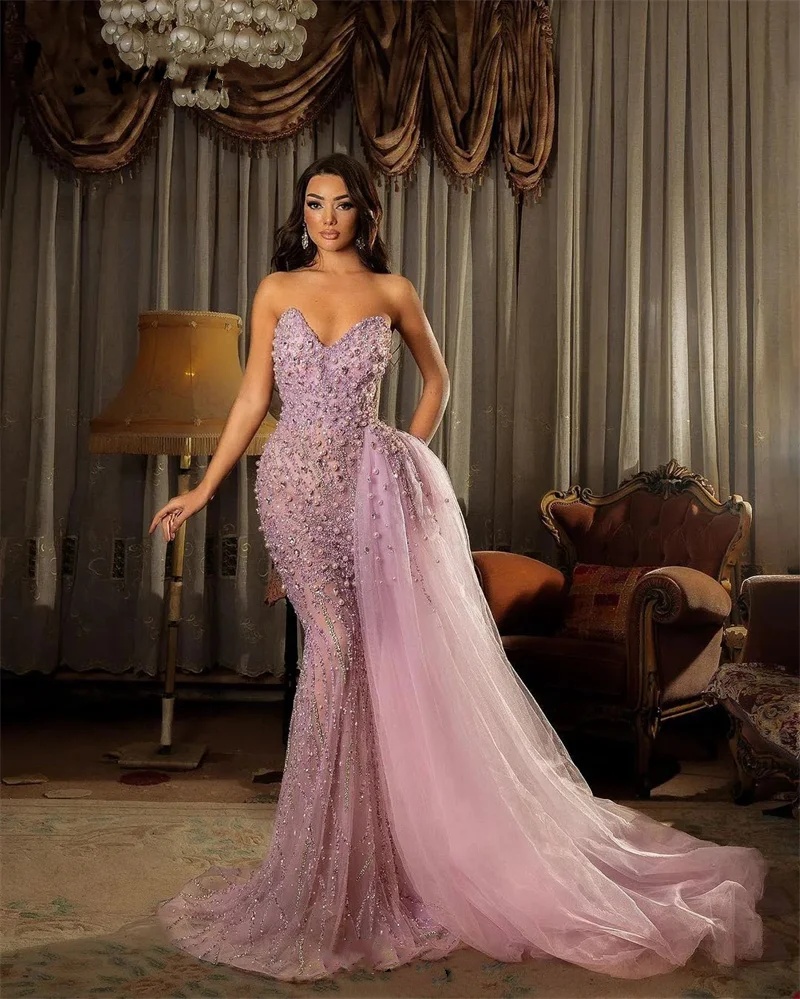 Evening Dresses For Women Sweetheart Neck Sleeveless Gown Sequins Beaded Crystal Sweep Train Customized Dress Party