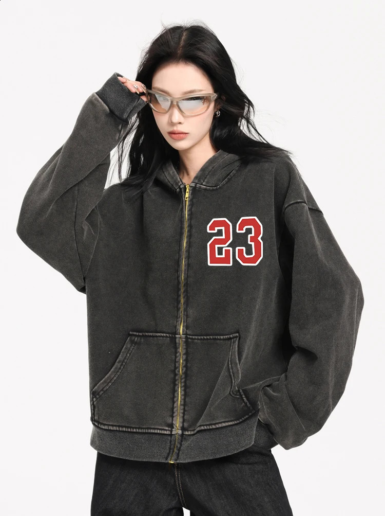Simple Number 23 Printed Female Washed Zipper Hoody Hip Hop Sweatshirt High Quality Hooded Autumn Casual Streetwear Women 241223