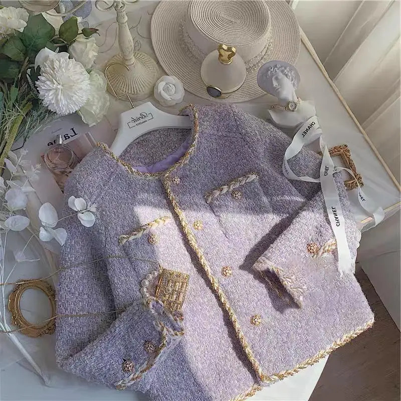 Tweed Style Lavender Purple Women's Cropped Autumn Winter New High-End Feel Jacket In Today's Popular Colors