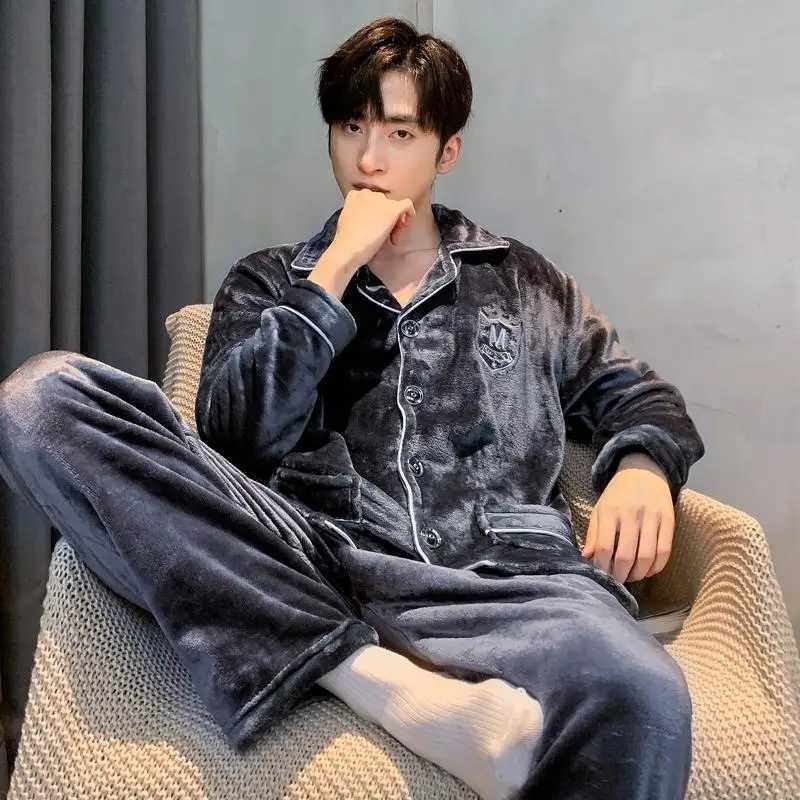 Autumn Winter Coral Fleece Mens Pajamas Set Thicken Flannel Warm Sleepwear OverSized Solid Cardigan Pajama Men Pyjamas HomeWearXJ241227
