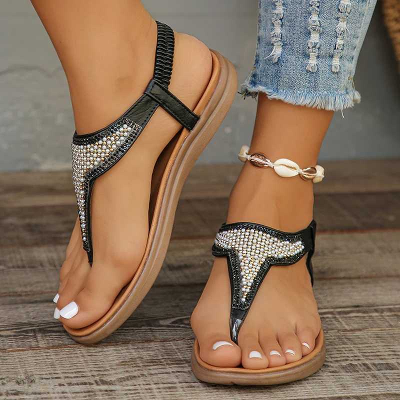 High Quality Shiny Pearl Bohemian Style Flat Sandals Women Summer Clip Toe Beach Sandals Woman Non Slip Rome Shoes Flip Flops Women T241227