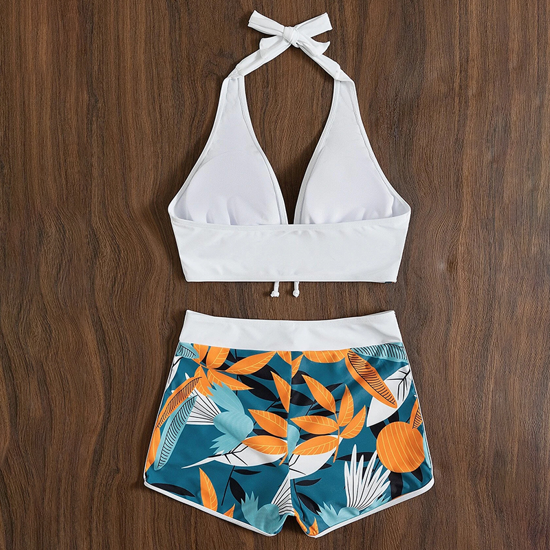 Stylish Women Halter Bikinis Set High Waist Shorts Swimsuit Padded Deep V-Neck Bikini Push-up Swimwear Ladies Printing Bathing Suits Boyshorts Beach W