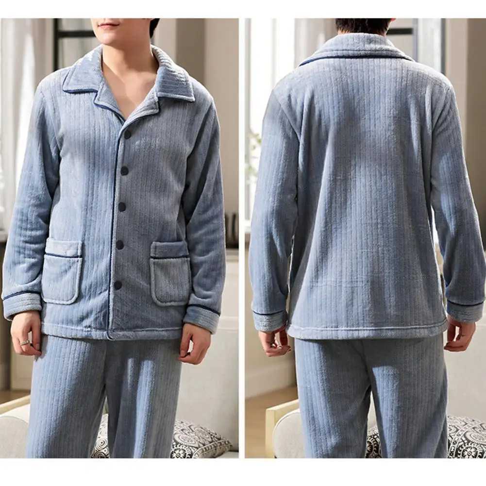 Loungewear Set Mens Winter Pajamas Set with Lapel Striped Top Elastic Waist Pants Thick Warm Soft Homewear with Pockets for MenXJ241227