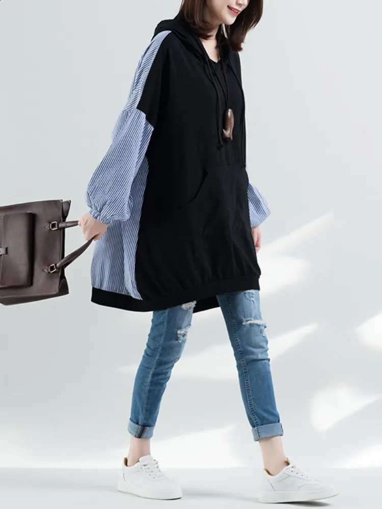Oversized Striped Patchwork Hooded Women Casual Sweatshirt Loose Ladies Tops Fashion Autumn Woman Black Hoodies 241223