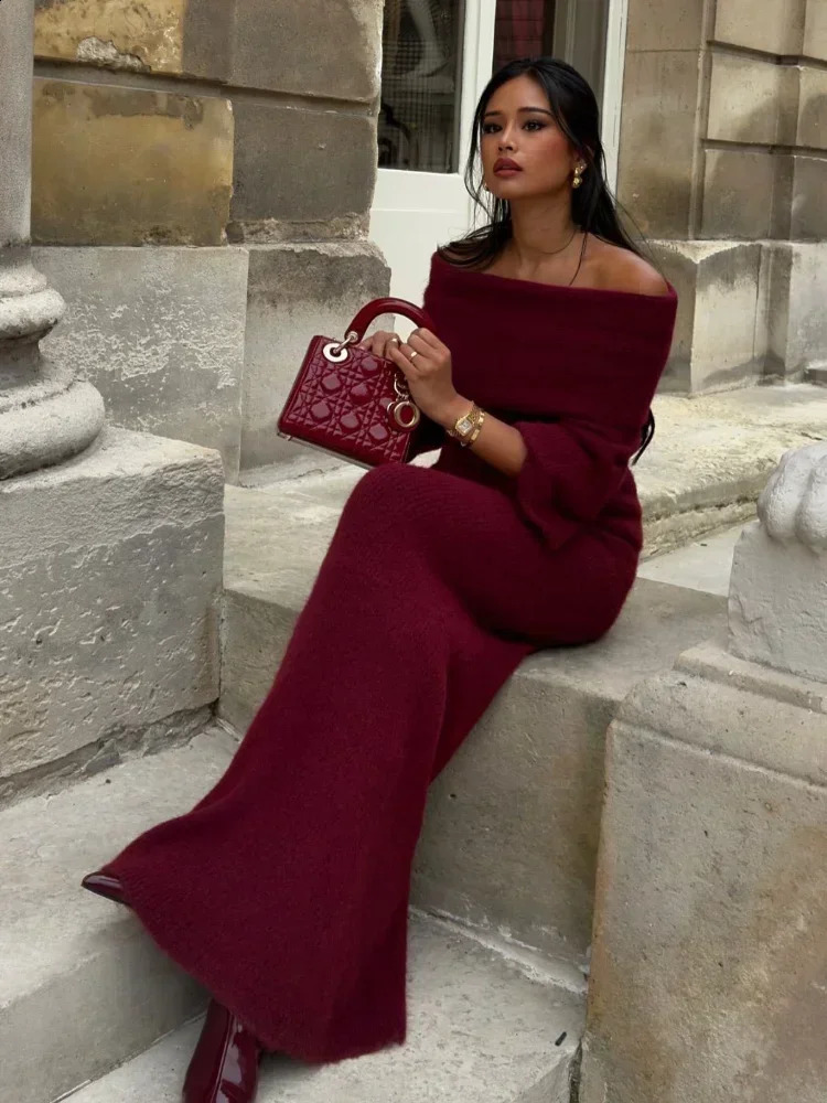 Women Burgundy Knitted Long Sweater Fashion Offtheshoulder Pullover Dress Fall Winter Female Party Outfit 241218