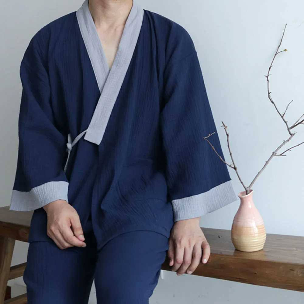 Pure Cotton Mens Pajamas Set Japanese Kimono Plus Size Long Sleeve Pant Suit Casual Comfortable Home Service Two-piece SleepwearXJ241227