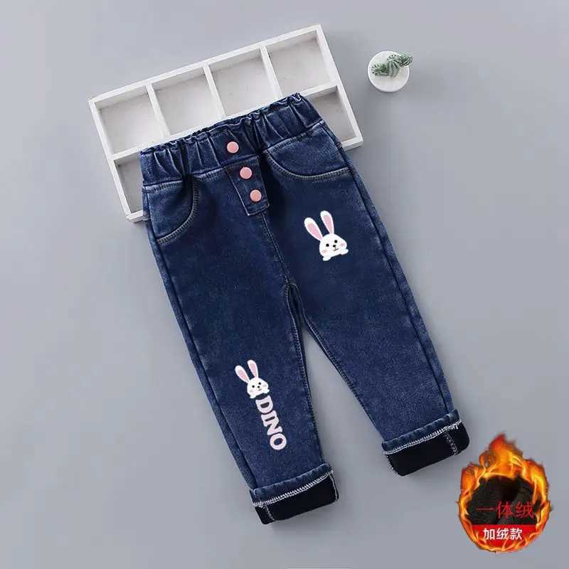 New winter baby girl plush denim pants childrens butterfly printed jeans childrens fashionable casual warm Trouser W241227