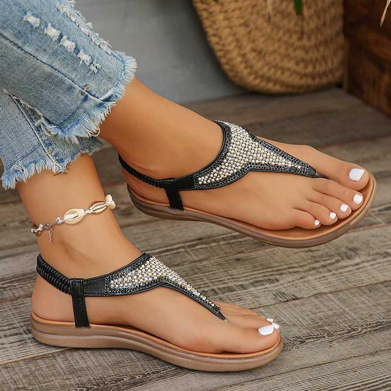 High Quality Shiny Pearl Bohemian Style Flat Sandals Women Summer Clip Toe Beach Sandals Woman Non Slip Rome Shoes Flip Flops Women T241227
