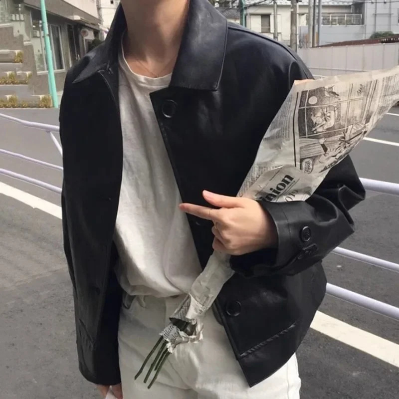 2024 ZipUplapelpu Womens Leather Jacket Cropped LooseFit American Style Vintage Motorcycle Clothing AutumnWinter 241223