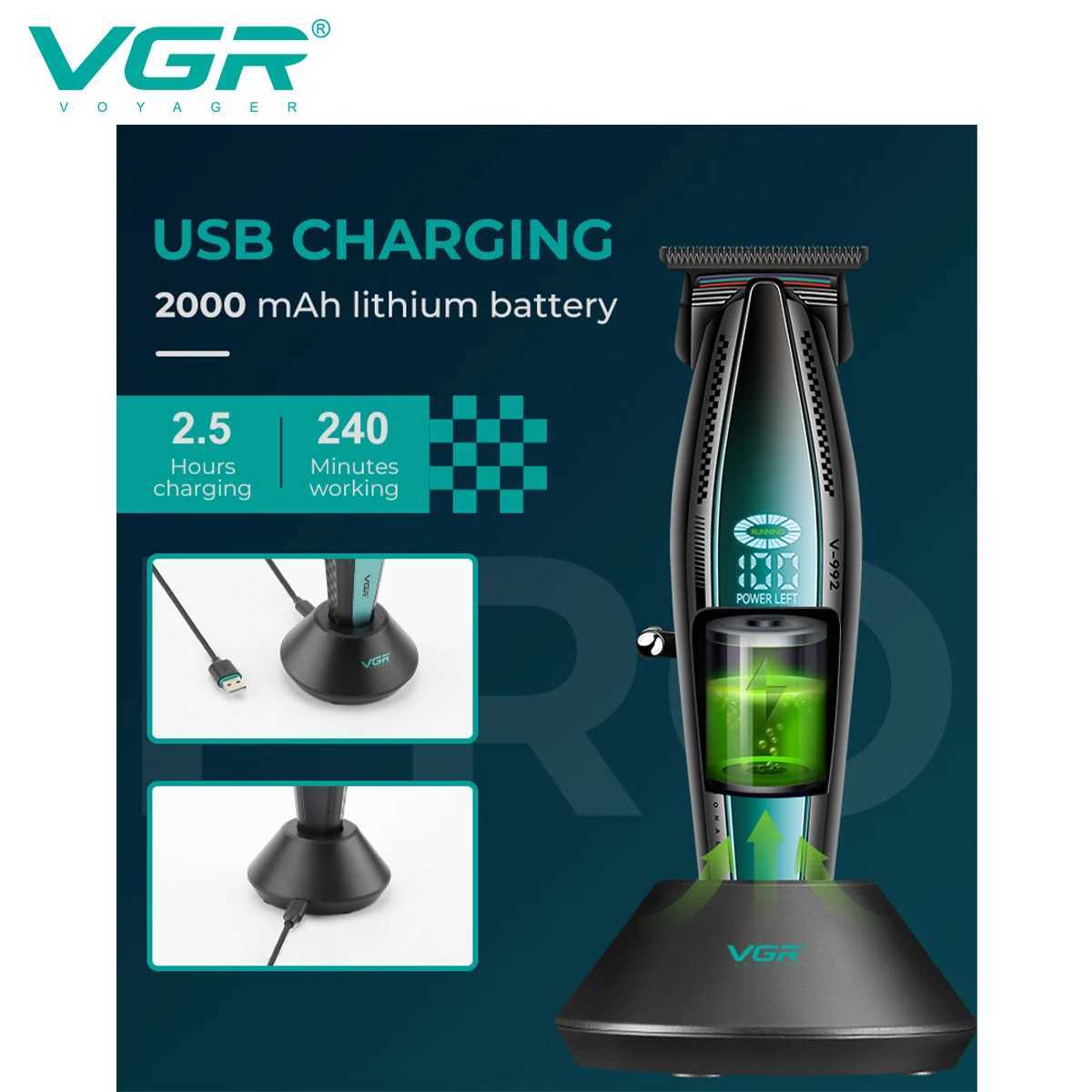 VGR Hair Clipper Professional Hair Cutting Machine 9000 RPM Cordless Clipper Electric LED Display Hair Clippers Men V-992 V-270 W241227