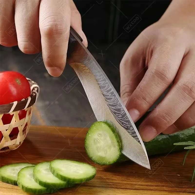 Hand forged Boning knife stainless steel meat slicer Mti steak kitchen knife feather pattern fruit peeler barbecue cooking tool Y241227