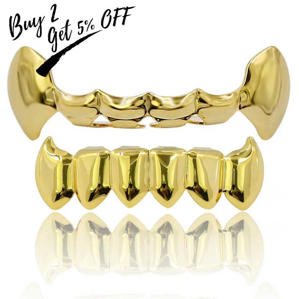 TOPGRILLZ New Fit Gold Color Plated Hip Hop Teeth Half Fang Top Solid Fangs Bottom Grillz Vampire Set. Gift W241227