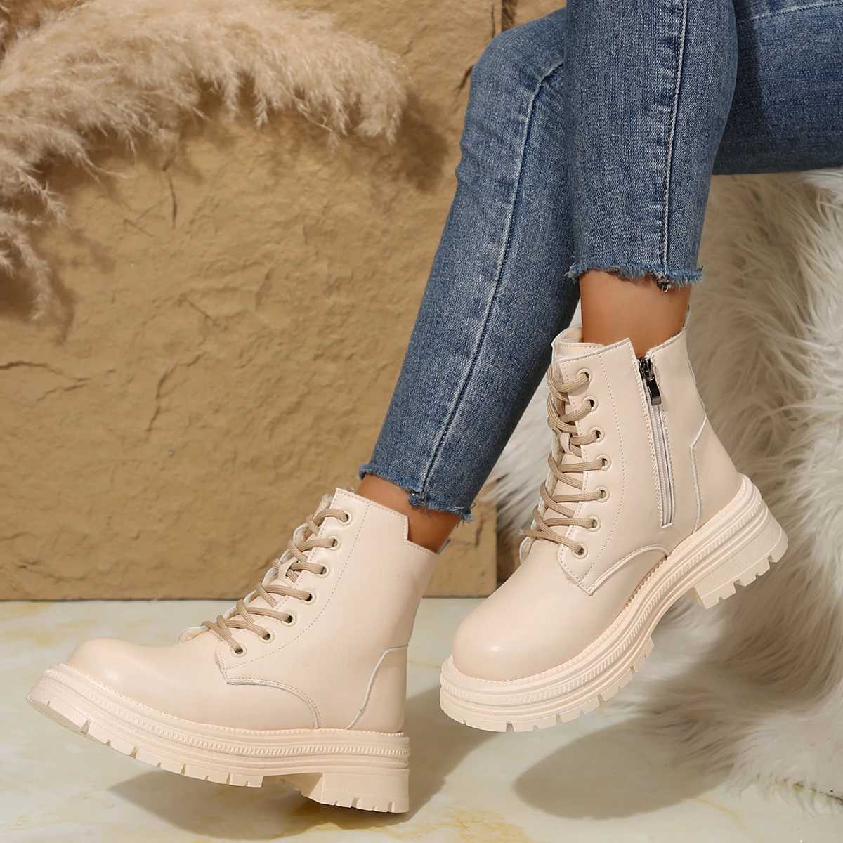 2024 Summer Fall Womens Ankle Boots Classic Beige Black Leather Gothic Fashion Shoes Mid-heel Short Combat Boots Platform ShoesXJ241226