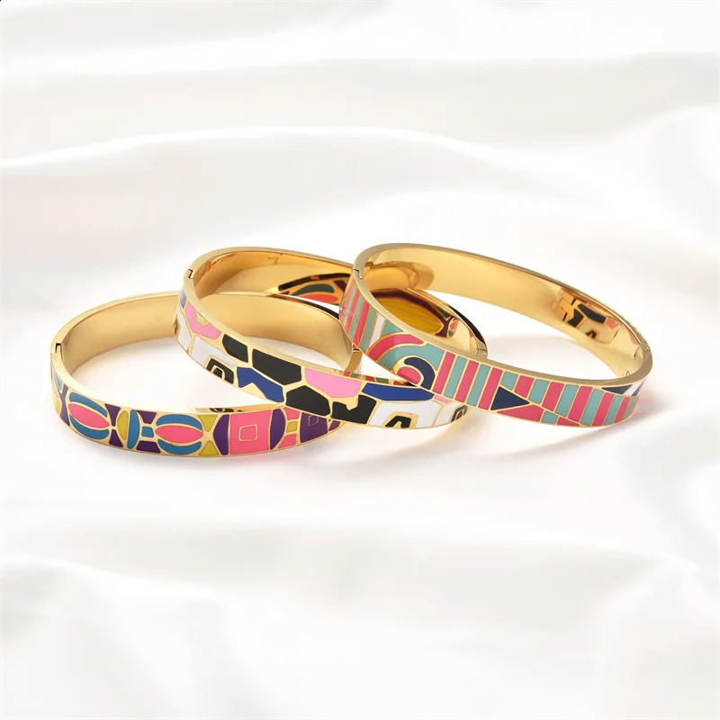 FYSARA Top Selling Fashion Stainless Steel Open Bangle For Women Gold Geometric Colorful Enamel Painted Bracelet Wedding Jewelry 241227