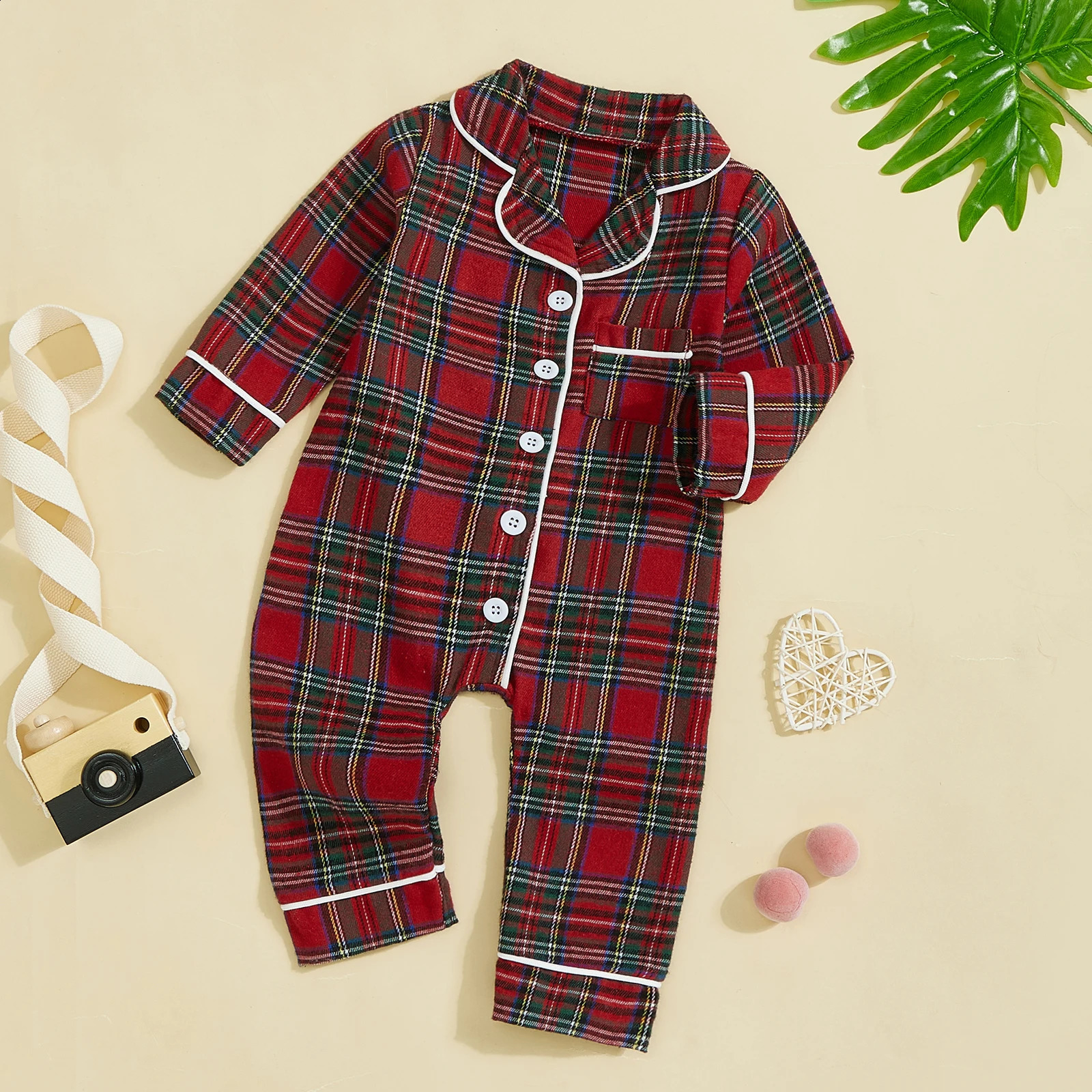 MISOWMNJOY Baby Girls Boys Romper Pajamas for Christmas Plaid Turn Down Collar Long Sleeve Spring Infant Jumpsuits Sleepwear 241226
