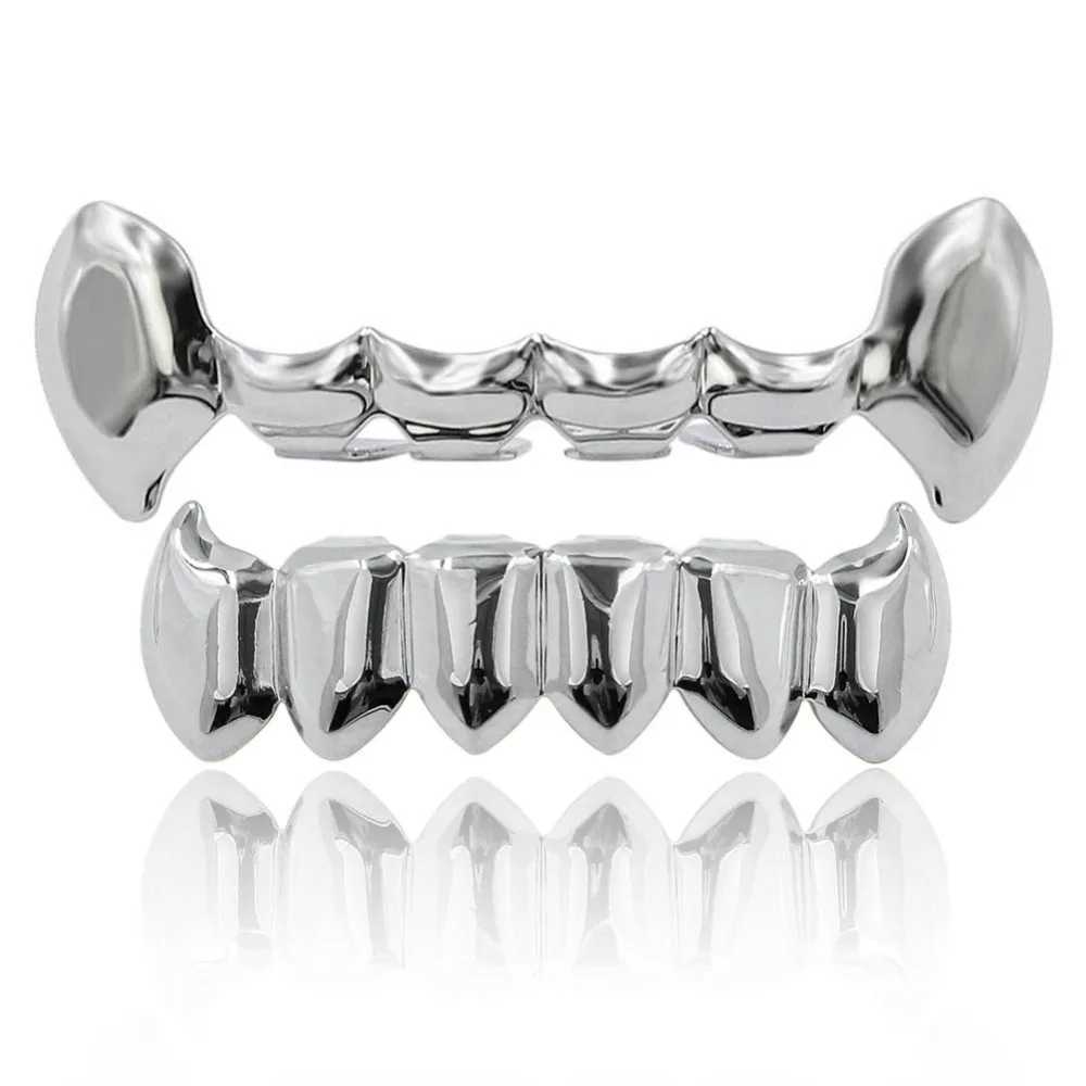 TOPGRILLZ New Fit Gold Color Plated Hip Hop Teeth Half Fang Top Solid Fangs Bottom Grillz Vampire Set. Gift W241227