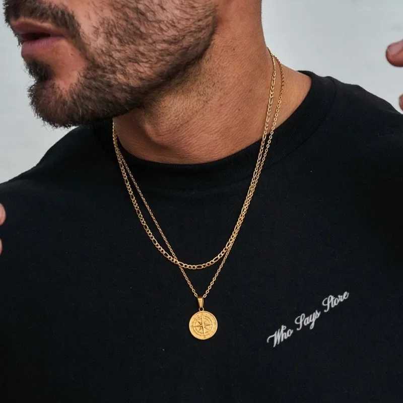Stainl Steel Jewelry Mens Layered Alloy Necklace Navigation Compass Pendant Cuba Figaro Wheat Chain Casual Vintage NecklaceXJ241227