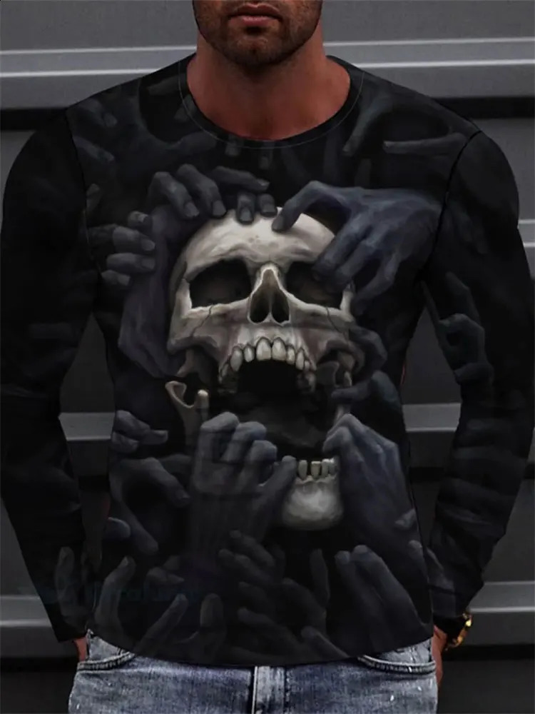 Skull Reaper Print Mens Halloween Long Sleeve Tshirt Fall Everyday Casual Top Outdoor Street Fashion 241220