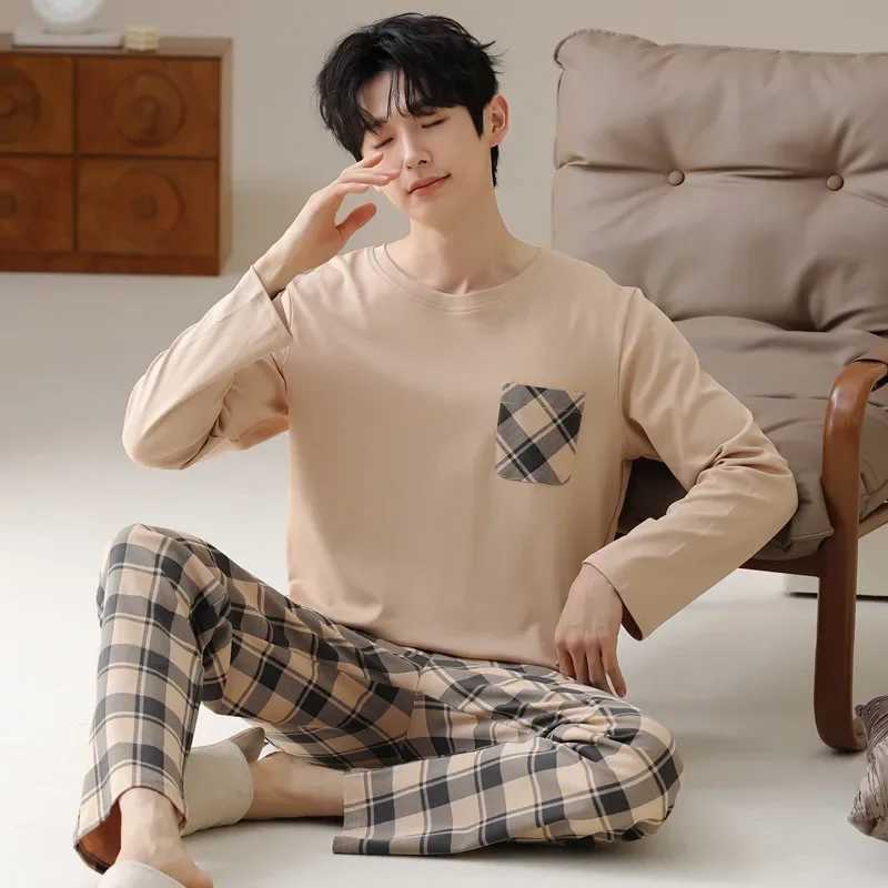 High Quality Pajamas Suit Men Pure Cotton Long-sleeved New Simple Design Sleepwear Male Korean Style 100%Cotton Loungewear GentsXJ241227
