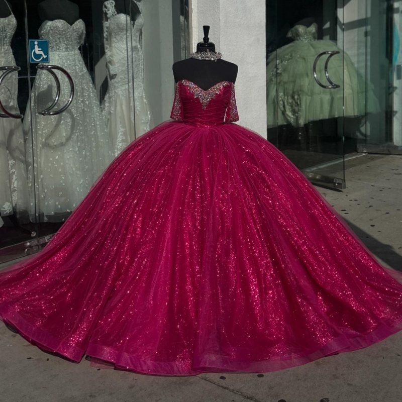 Red Shiny Quinceanera Dresses Ball Gown Off the Shoulder Beading Crystal Mexico Corset Sweet 16 Vestidos De 15 Anos