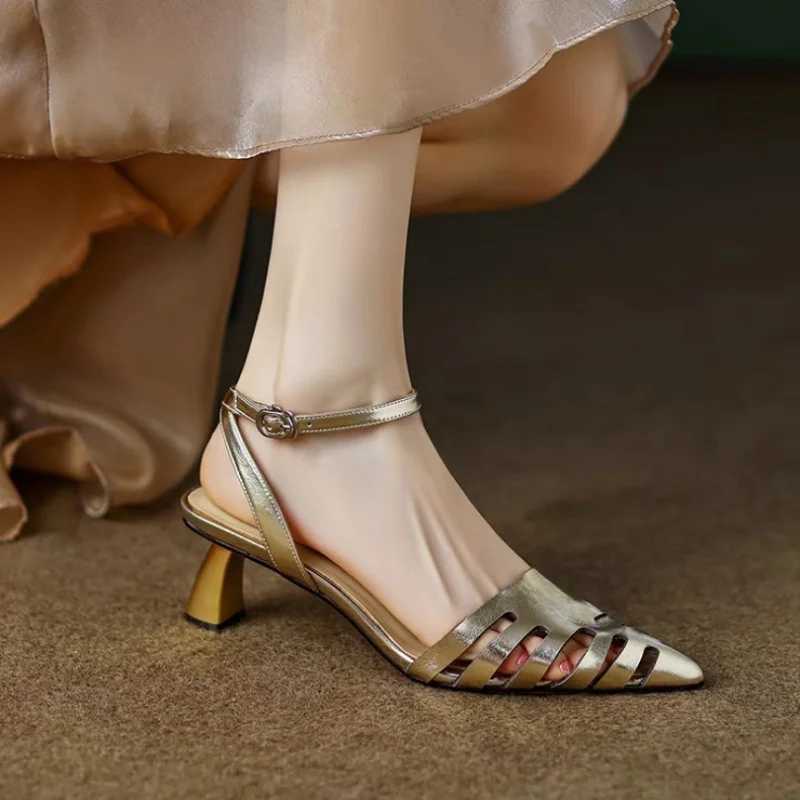 High Quality Black pointed toe sandals summer new womens niche design womens one-word hollow Roman high heels womens shoes T241227