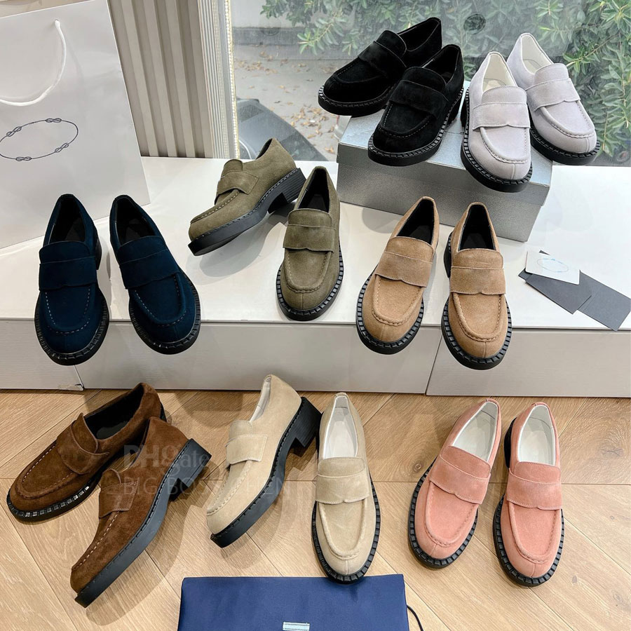 Top quality Suede loafers Chunky Low heels slip on shoes dress shoes for womens Real leather Luxury designer shoe Casual Vacation holiday shoes Factory footwear
