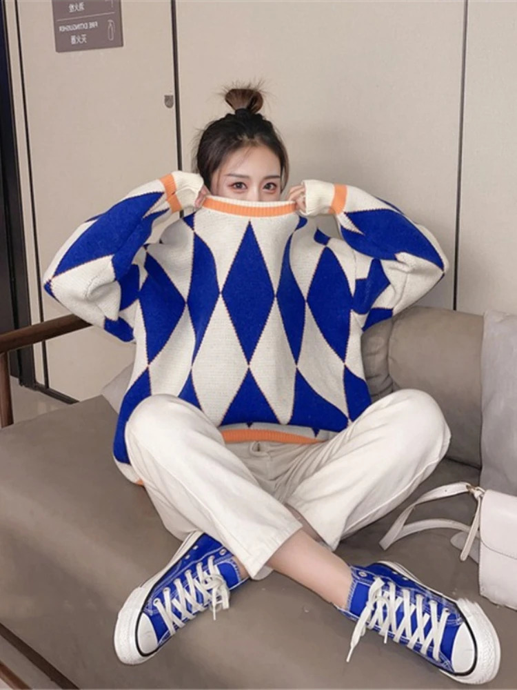 Autumn Winter Women Oversize Pullovers Casual Oneck Loose Sweater Knitted Pullover Streetwear Plaid for Coats 241223