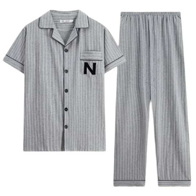 100% Cotton Button up Top and Pants Mens Plus Size Pajamas Loungewear Casual Simple Fashion Youth Sleepwear Homewear 2PCS SetXJ241227