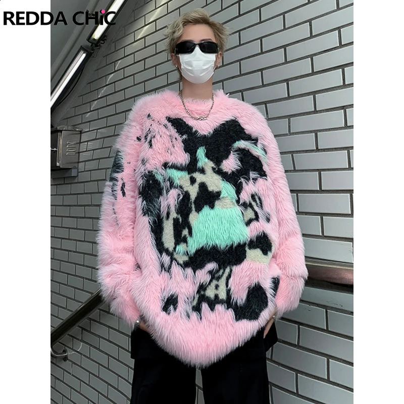 REDDACHIC Pink Plush Graffiti Mohair Sweater for Men Winter Warm Jacquard Jumper Top Loose Casual Knit Top Aesthetic Y2k Clothes 241224