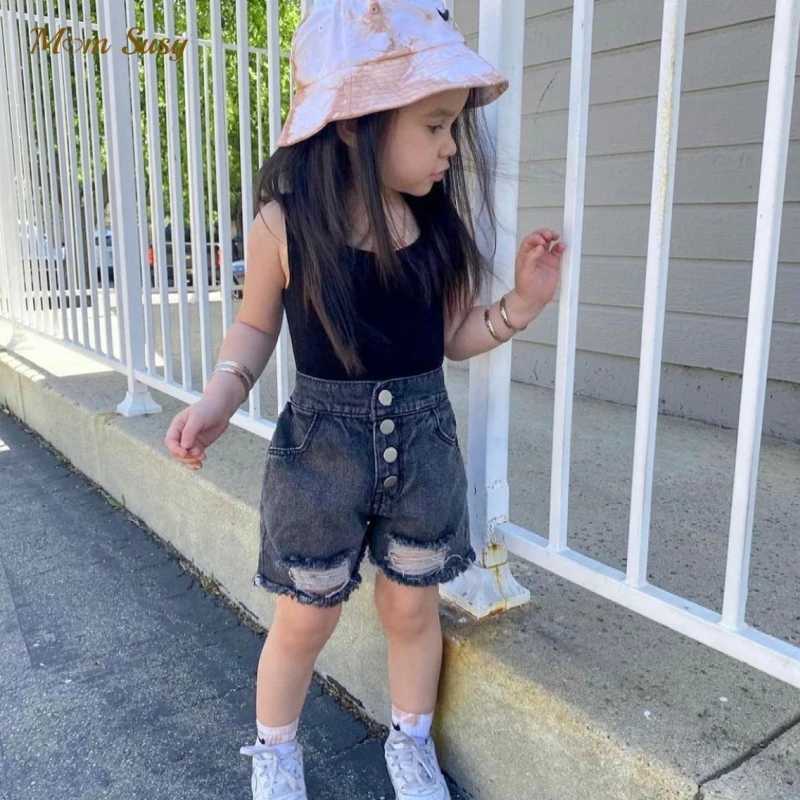 Fashion baby girl casual jeans shorts tear hole toddler teenager children cotton Scanties Trouser button summer baby clothing 1-14Y W241227