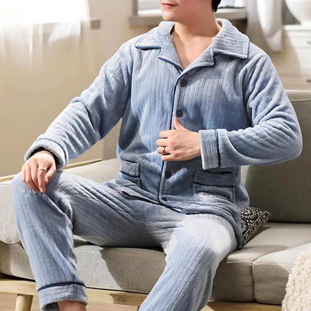 Loungewear Set Mens Winter Pajamas Set with Lapel Striped Top Elastic Waist Pants Thick Warm Soft Homewear with Pockets for MenXJ241227