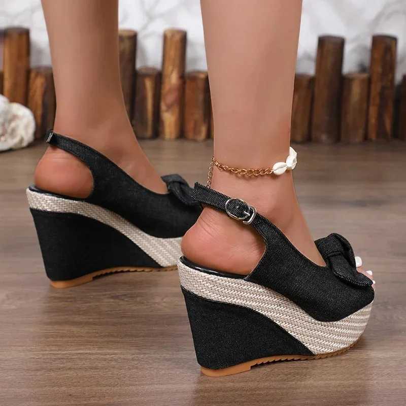 High Quality Fashion Bowknot Wedge Heel Sandals for Women Denim Peep Toe Chunky Platform Sandals Women Back Strap High Heel Gladiator Shoes T241227