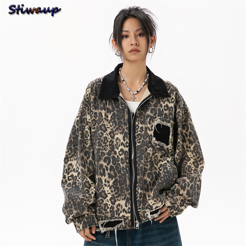 Women's Vintage Short Windbreaker Jacket Autumn 2024 Luxury Brand Cotton Leopard Denim Jackets for Woman Women's Autumn Clothes