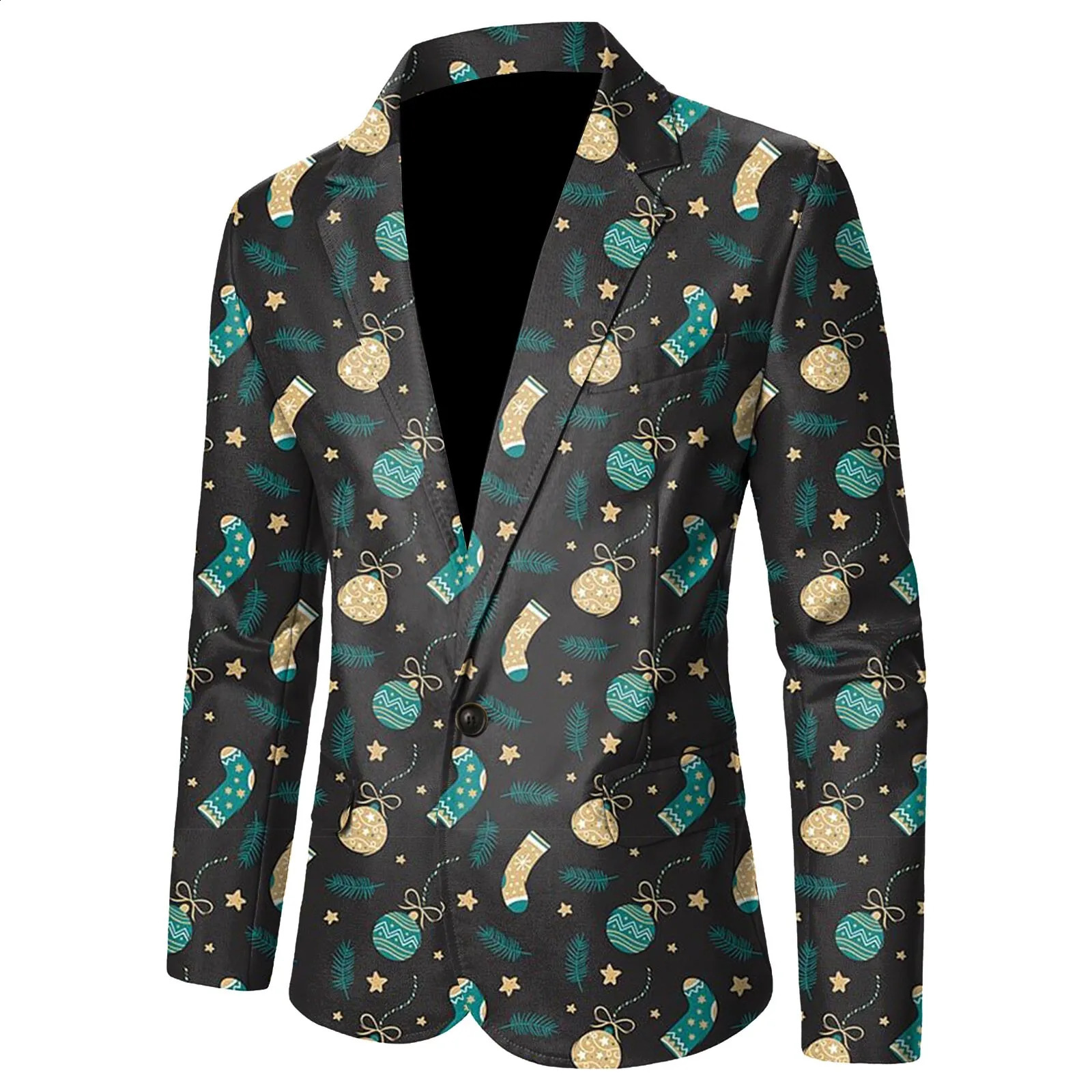 Christmas Gift Men Suit Coat Fashion Printed Pocket Lapel One Button Slim Fit Blazer Winter Party Jacket Plus Size 241227