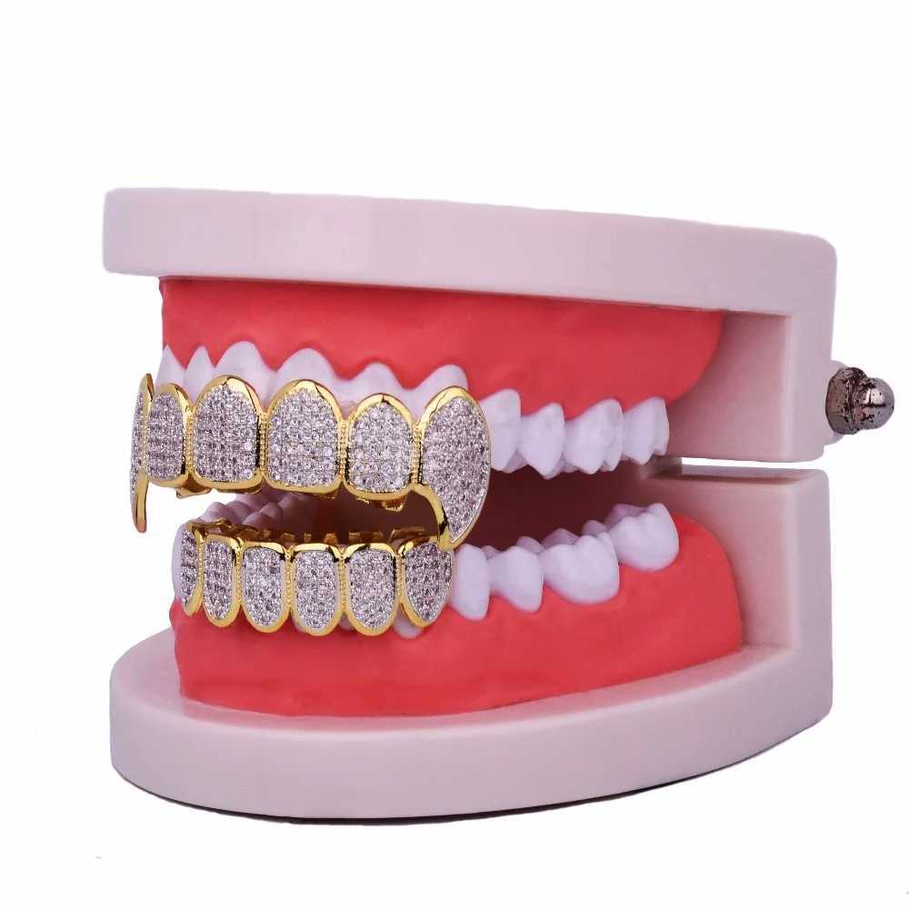 Shining Hip Hop Grillz d Out CZ Fang Mouth teeth grills Cs Top Bottom tooth Set Men Women Vampire Grills Fashion Jewelry W241227