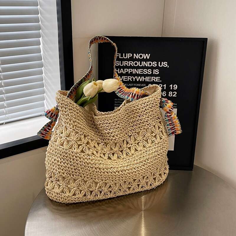Vacation Beach Grass Women's New Lazy Style Woven Bag, Large Capacity Fashionable Single Shoulder Armpit Bag