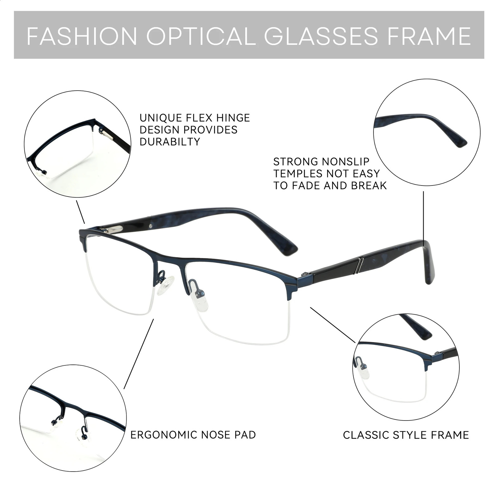 ZENOTTIC Arrivals Alloy Glasses Thick Frame Half Rimless Eyewear Fashion Non-Prescription Square Eyeglasses for Men 241227