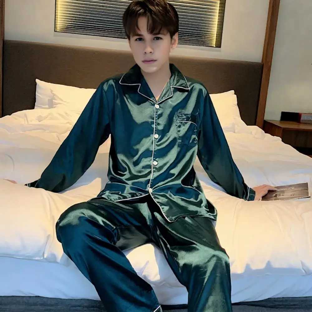 2Pcs/Set Men Summer Pajama Set Lapel Long Sleeve Shirt Elastic Waist Pockets Wide Leg Pants Set Solid Color Single Breasted SleeXJ241227