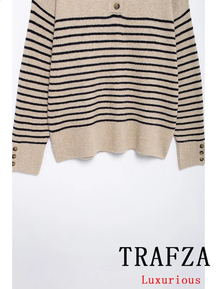 TRAFZA Vintage Casual Women Sweater Striped Stand Collar Long Sleeve Knitted Loose Fashion Autumn Winter Sweaters 241225