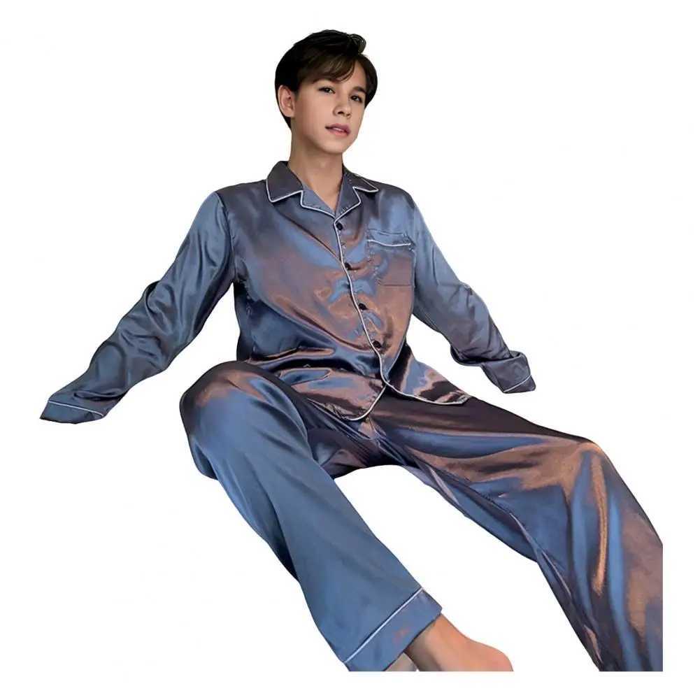 2Pcs/Set Men Summer Pajama Set Lapel Long Sleeve Shirt Elastic Waist Pockets Wide Leg Pants Set Solid Color Single Breasted SleeXJ241227