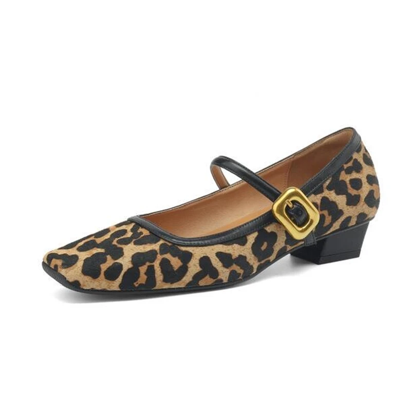 Women's Mary Jane Shoes Shallow Mouth Thick Heel Small Leather Shoes Leopard Print Horse Hair Women's High Heels