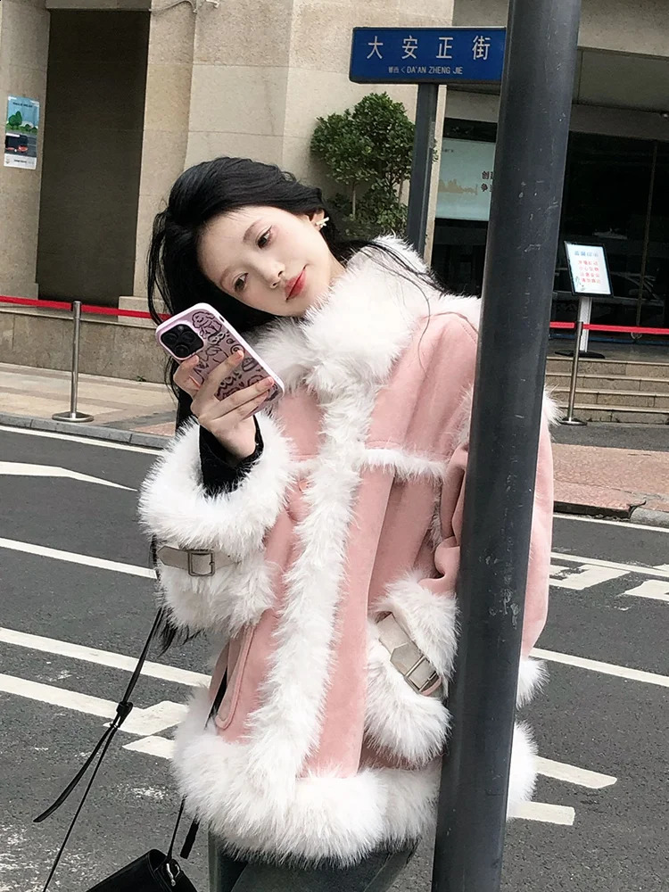 Fashion Fur Lamb Fleece Thickened Furs Collar Coat Women Winter Clothes Pink Warm Jacket Clothing 241223