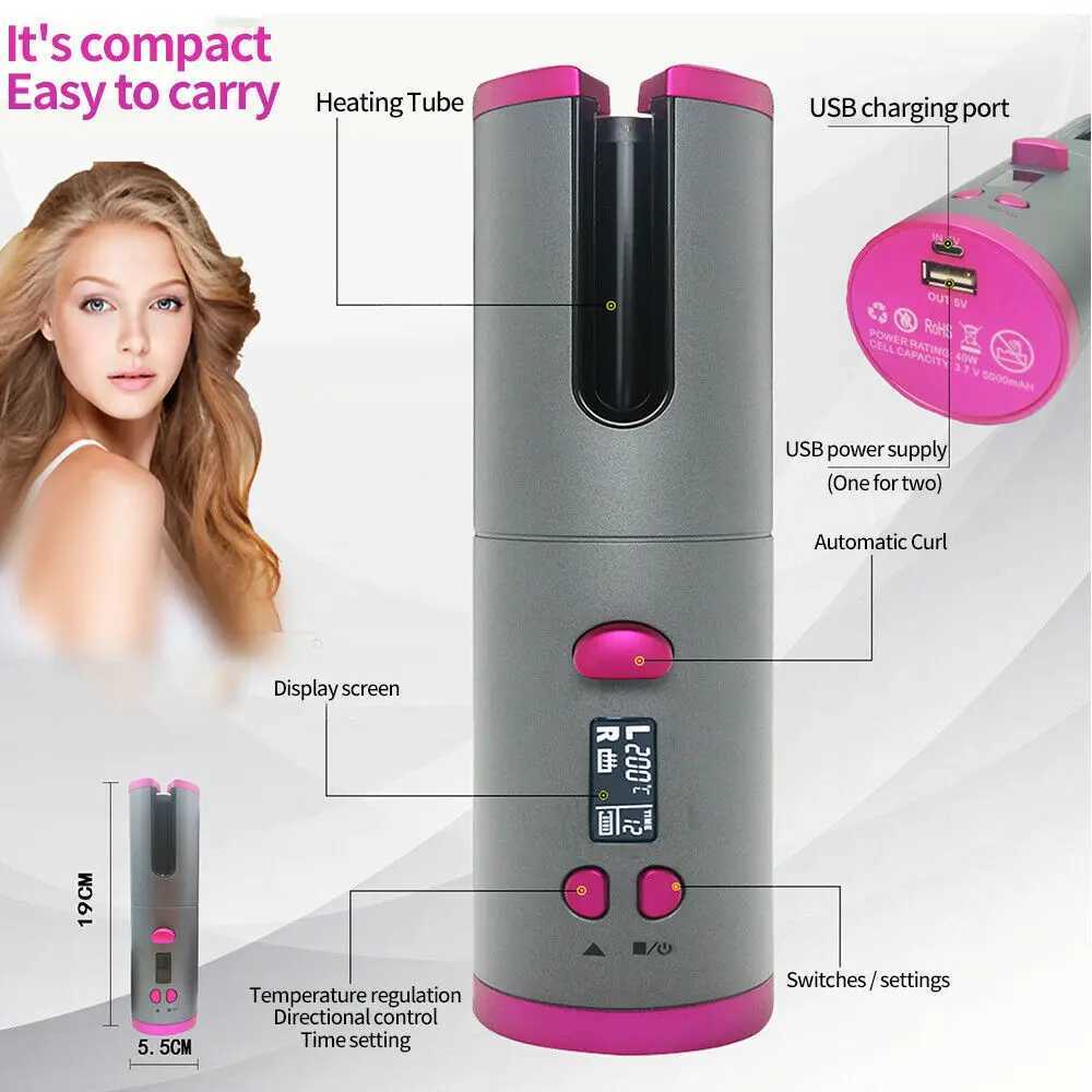 New Arrival Automatic Wireless Hair Curler Cordless Rotating USB Rechargeable Curling Iron Display Temperature Adjustable Timing Hair Curler Z241227