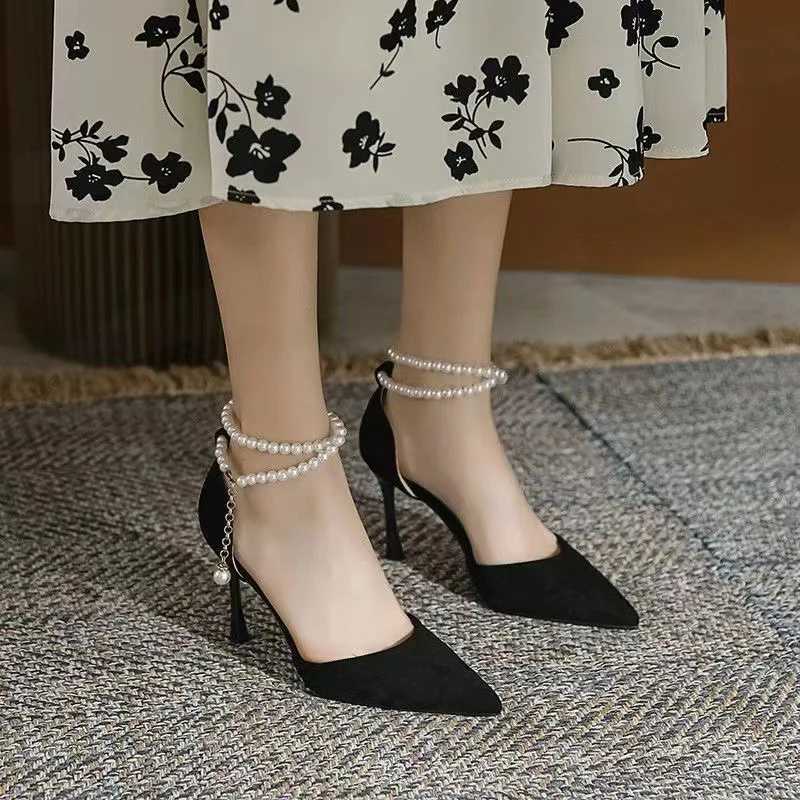 2024 Summer New Bridesmaid Pearl Bow Black Thin Heel High Heel Shoes Elegant High Heel Pointed Wens Single Shoes wen shoes Z241227
