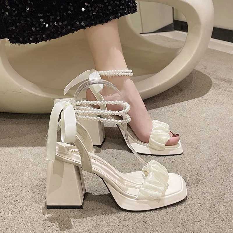 High Quality Comfort Shoes for Women Pearl Sandals Suit Female Beige Increasing Height Block Heels All-Match Black Bow Fashion Chunky Gi T241227