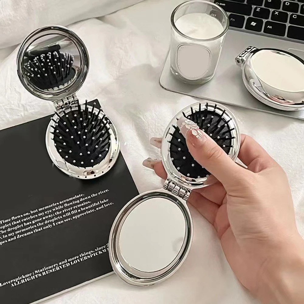 2 In 1 Creative Folding Hair Comb With Mirror For Girls Portable Pocket Size Scalp Massage Comb Mini Hair Brush Styling Tool 250103