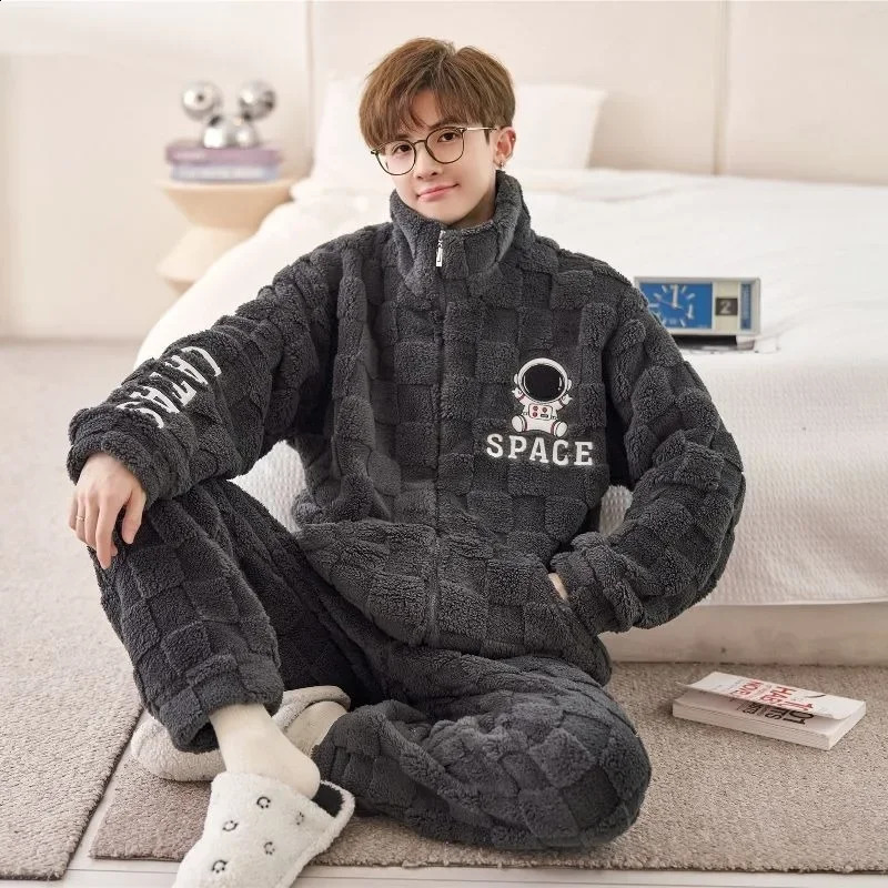Flannel Pajamas Men Autumn Winter Zipper Sleepwear Warm Plus Velvet Loungwear Padded Coral Homewear Suit 241227